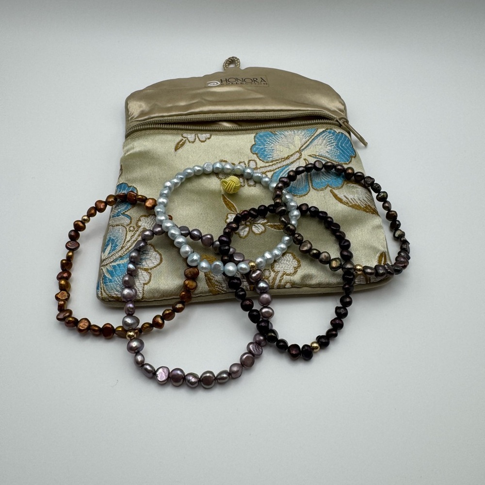 Honora Assorted Pearl and Bead Stretch Bracelets - Set of 5 w/ Pouch